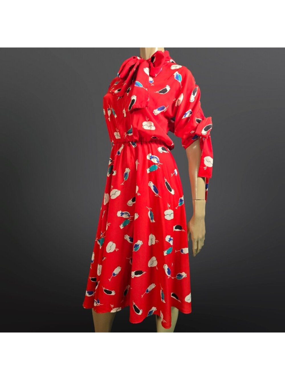 Vintage 80s Red Abstract Floral Dress Size S Bow Tie Neck Midi Short Sleeve